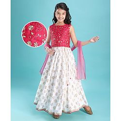 Pine Kids Woven Sleeveless Floral Embroidered Choli & Lahenga Dupatta Set With Floral Foil Print - White & Dark Pink