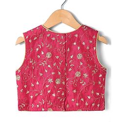 Pine Kids Woven Sleeveless Floral Embroidered Choli & Lahenga Dupatta Set With Floral Foil Print - White & Dark Pink