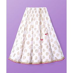 Pine Kids Woven Sleeveless Floral Embroidered Choli & Lahenga Dupatta Set With Floral Foil Print - White & Dark Pink