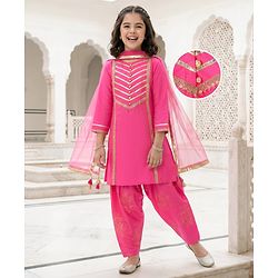 Pine Kids Woven Full Sleeves Kurti Patiala & Dupatta Set with Foil Print & Lace Detailing - Pink