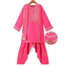 Pine Kids Woven Full Sleeves Kurti Patiala & Dupatta Set with Foil Print & Lace Detailing - Pink