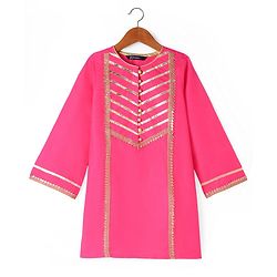 Pine Kids Woven Full Sleeves Kurti Patiala & Dupatta Set with Foil Print & Lace Detailing - Pink