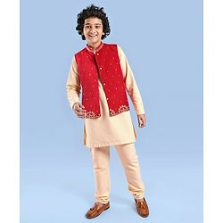 Pine Kids Woven Full Sleeves Solid Kurta Pyjama Set with Embroidered Jacket - Red