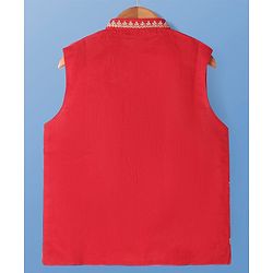 Pine Kids Woven Full Sleeves Solid Kurta Pyjama Set with Embroidered Jacket - Red