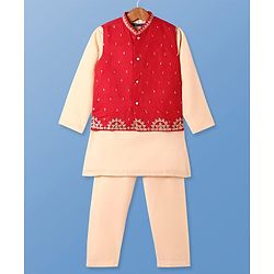 Pine Kids Woven Full Sleeves Solid Kurta Pyjama Set with Embroidered Jacket - Red