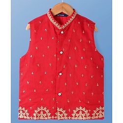 Pine Kids Woven Full Sleeves Solid Kurta Pyjama Set with Embroidered Jacket - Red