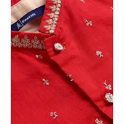 Pine Kids Woven Full Sleeves Solid Kurta Pyjama Set with Embroidered Jacket - Red