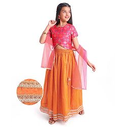 Pine Kids Woven Half Sleeves  Embroidered Choli Lahenga set With Dupatta - Dark Orange
