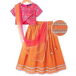 Pine Kids Woven Half Sleeves  Embroidered Choli Lahenga set With Dupatta - Dark Orange