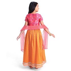 Pine Kids Woven Half Sleeves  Embroidered Choli Lahenga set With Dupatta - Dark Orange