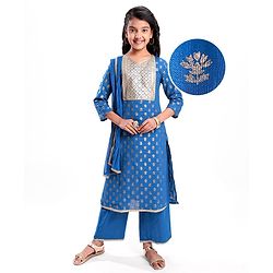 Pine Kids Cotton Woven Half Sleeves Floral Printed Kurta Salwar Dupatta Set with Lace & Sequin Detailing - Navy Blue