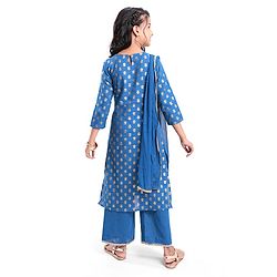 Pine Kids Cotton Woven Half Sleeves Floral Printed Kurta Salwar Dupatta Set with Lace & Sequin Detailing - Navy Blue