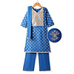 Pine Kids Cotton Woven Half Sleeves Floral Printed Kurta Salwar Dupatta Set with Lace & Sequin Detailing - Navy Blue