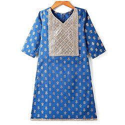 Pine Kids Cotton Woven Half Sleeves Floral Printed Kurta Salwar Dupatta Set with Lace & Sequin Detailing - Navy Blue