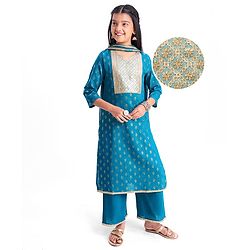 Pine Kids Cotton Woven Half Sleeves Floral Printed Kurta Salwar Dupatta Set with Lace & Sequin Detailing - Teal Blue