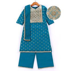 Pine Kids Cotton Woven Half Sleeves Floral Printed Kurta Salwar Dupatta Set with Lace & Sequin Detailing - Teal Blue