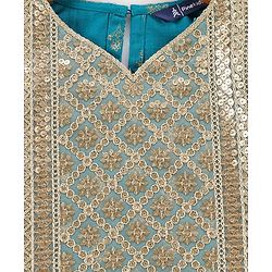 Pine Kids Cotton Woven Half Sleeves Floral Printed Kurta Salwar Dupatta Set with Lace & Sequin Detailing - Teal Blue