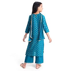 Pine Kids Cotton Woven Half Sleeves Floral Printed Kurta Salwar Dupatta Set with Lace & Sequin Detailing - Teal Blue