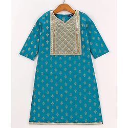 Pine Kids Cotton Woven Half Sleeves Floral Printed Kurta Salwar Dupatta Set with Lace & Sequin Detailing - Teal Blue