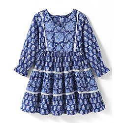 Pine Kids Woven Full Sleeves Tiered Ethnic Dress with Floral Print - Navy Blue