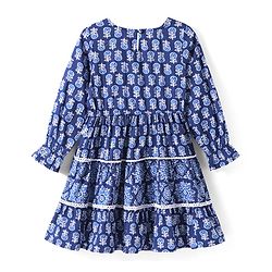 Pine Kids Woven Full Sleeves Tiered Ethnic Dress with Floral Print - Navy Blue