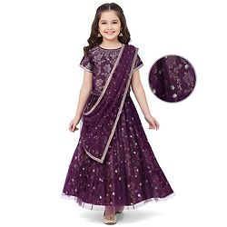 Pine Kids Woven Half Sleeves Floral Foil Printed Choli Lehenga & Dupatta  Set with Sequins - Wine