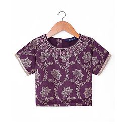 Pine Kids Woven Half Sleeves Floral Foil Printed Choli Lehenga & Dupatta  Set with Sequins - Wine