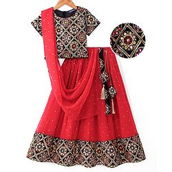 Pine Kids Woven Half Sleeves Banjara Designed Embroidered Choli Lagenga Set with Dupatta -  Red & Navy