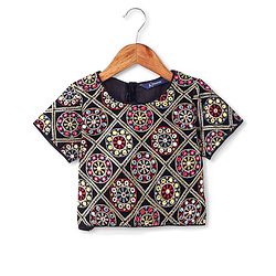 Pine Kids Woven Half Sleeves Banjara Designed Embroidered Choli Lagenga Set with Dupatta -  Red & Navy