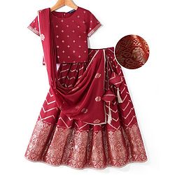 Pine Kids Woven Half Sleeves Zari Embroidered Choli Lehenga & Dupatta Set With Tassel Detailing - Dark Red