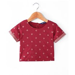 Pine Kids Woven Half Sleeves Zari Embroidered Choli Lehenga & Dupatta Set With Tassel Detailing - Dark Red
