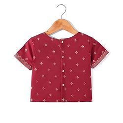 Pine Kids Woven Half Sleeves Zari Embroidered Choli Lehenga & Dupatta Set With Tassel Detailing - Dark Red