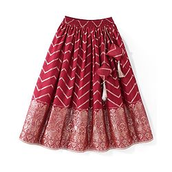 Pine Kids Woven Half Sleeves Zari Embroidered Choli Lehenga & Dupatta Set With Tassel Detailing - Dark Red