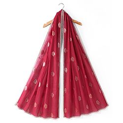 Pine Kids Woven Half Sleeves Zari Embroidered Choli Lehenga & Dupatta Set With Tassel Detailing - Dark Red