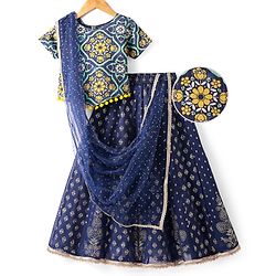Pine Kids Woven Half Sleeves Floral Foil Printed Choli Lehenga Set with Dupatta & Lace Detailing - Navy Blue