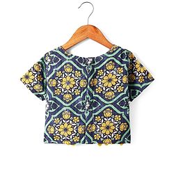 Pine Kids Woven Half Sleeves Floral Foil Printed Choli Lehenga Set with Dupatta & Lace Detailing - Navy Blue