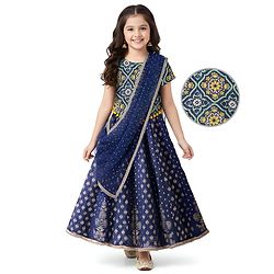Pine Kids Woven Half Sleeves Floral Foil Printed Choli Lehenga Set with Dupatta & Lace Detailing - Navy Blue
