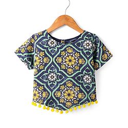 Pine Kids Woven Half Sleeves Floral Foil Printed Choli Lehenga Set with Dupatta & Lace Detailing - Navy Blue