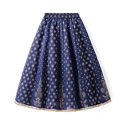 Pine Kids Woven Half Sleeves Floral Foil Printed Choli Lehenga Set with Dupatta & Lace Detailing - Navy Blue