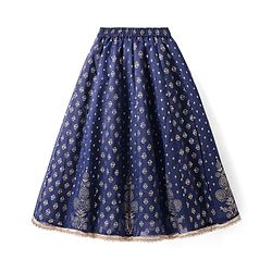 Pine Kids Woven Half Sleeves Floral Foil Printed Choli Lehenga Set with Dupatta & Lace Detailing - Navy Blue