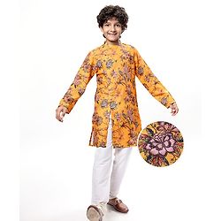Pine Kids Full Sleeves Floral Printed Kurta & Pajama Set - Mustard Yellow
