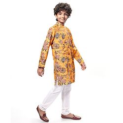 Pine Kids Full Sleeves Floral Printed Kurta & Pajama Set - Mustard Yellow
