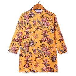 Pine Kids Full Sleeves Floral Printed Kurta & Pajama Set - Mustard Yellow