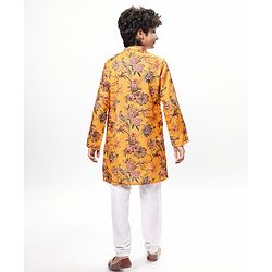 Pine Kids Full Sleeves Floral Printed Kurta & Pajama Set - Mustard Yellow