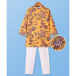 Pine Kids Full Sleeves Floral Printed Kurta & Pajama Set - Mustard Yellow
