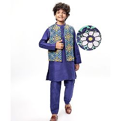 Pine Kids Woven Full Sleeves Solid Colour Kurta Pyjama Set with Floral Printed Nehru Jacket - Violet