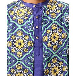 Pine Kids Woven Full Sleeves Solid Colour Kurta Pyjama Set with Floral Printed Nehru Jacket - Violet