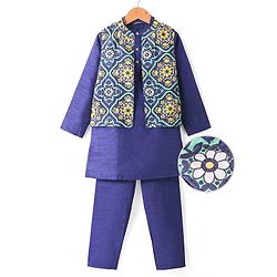 Pine Kids Woven Full Sleeves Solid Colour Kurta Pyjama Set with Floral Printed Nehru Jacket - Violet
