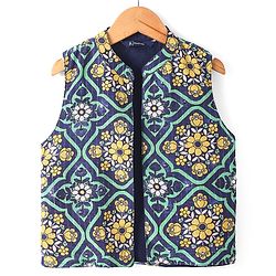 Pine Kids Woven Full Sleeves Solid Colour Kurta Pyjama Set with Floral Printed Nehru Jacket - Violet