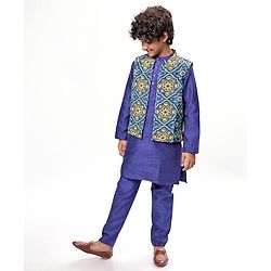 Pine Kids Woven Full Sleeves Solid Colour Kurta Pyjama Set with Floral Printed Nehru Jacket - Violet
